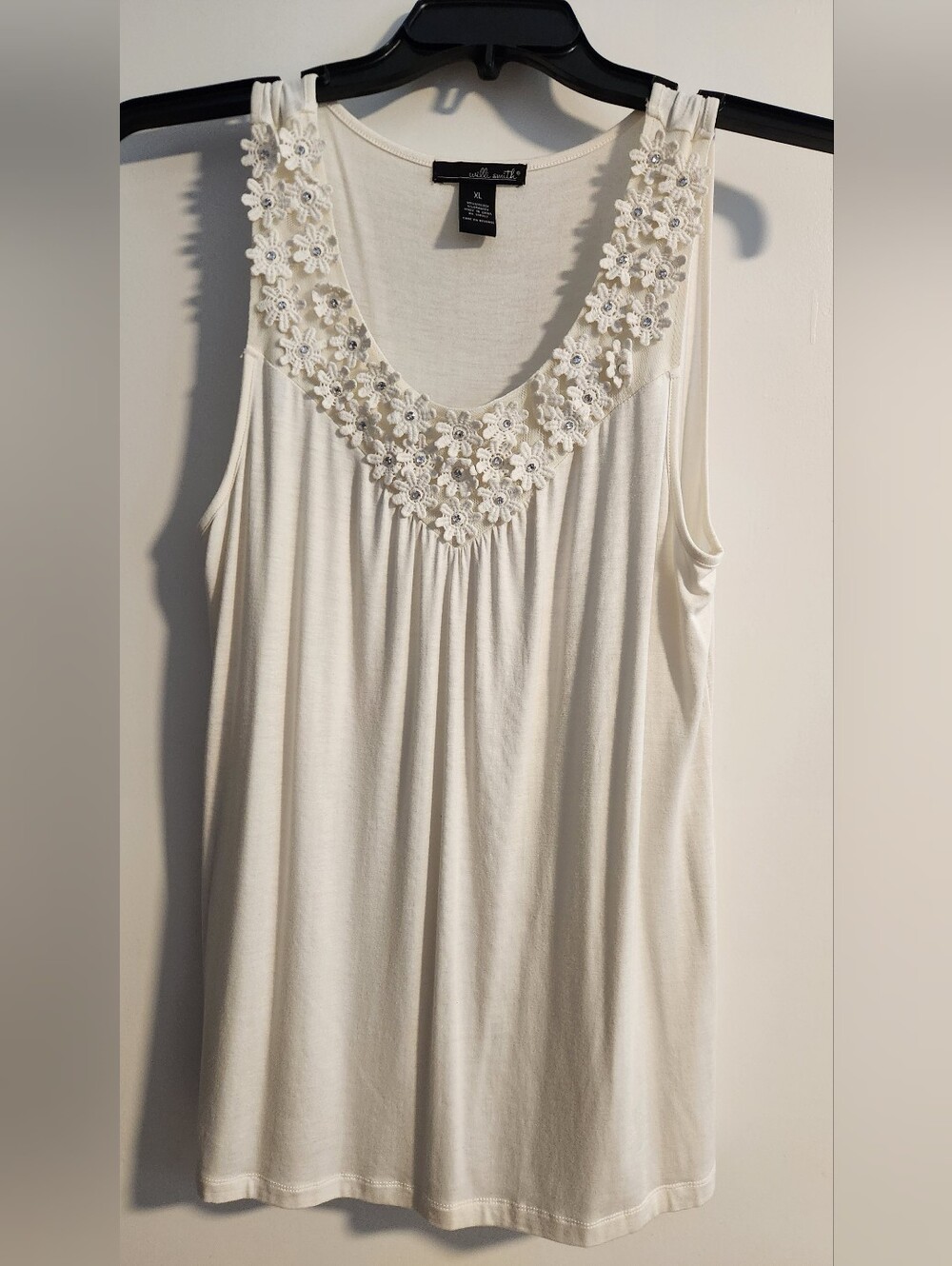 Cream Sleeveless Tank with Floral Lace Trim